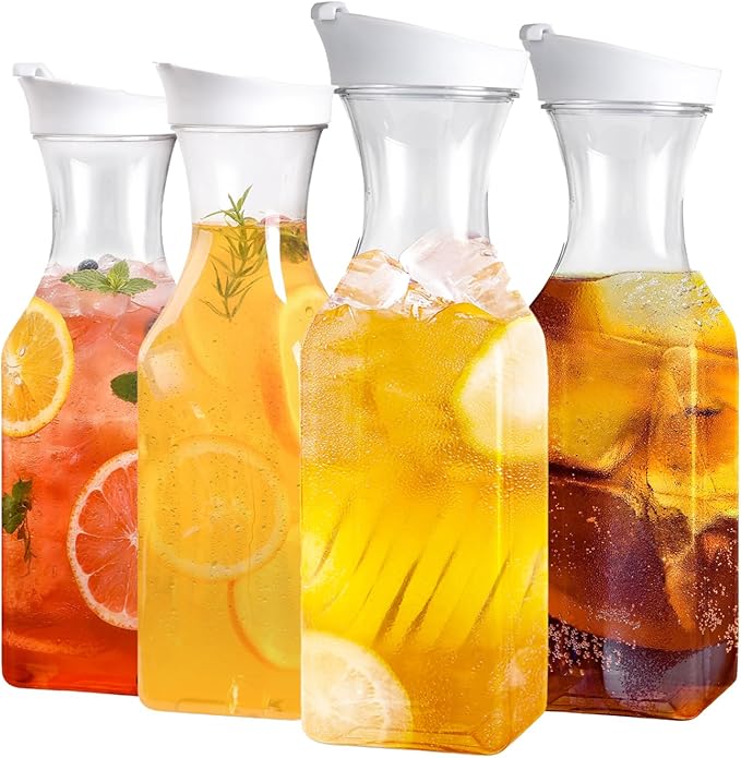 Set Of 4 Plastic Carafe With Lid, 50 Oz Mimosa Bar Supplies, Large Plastic Water Pitcher, Square Base Juice Containers For Party, Milk Container, Beverage Containers For Fridge- HAND WASH ONLY