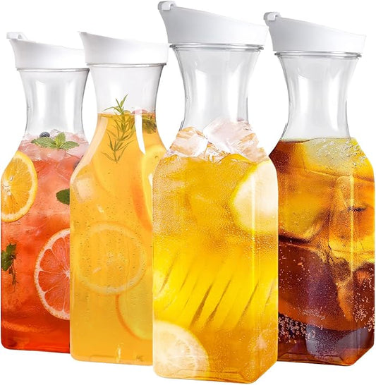 Set Of 4 Plastic Carafe With Lid, 50 Oz Mimosa Bar Supplies, Large Plastic Water Pitcher, Square Base Juice Containers For Party, Milk Container, Beverage Containers For Fridge- HAND WASH ONLY