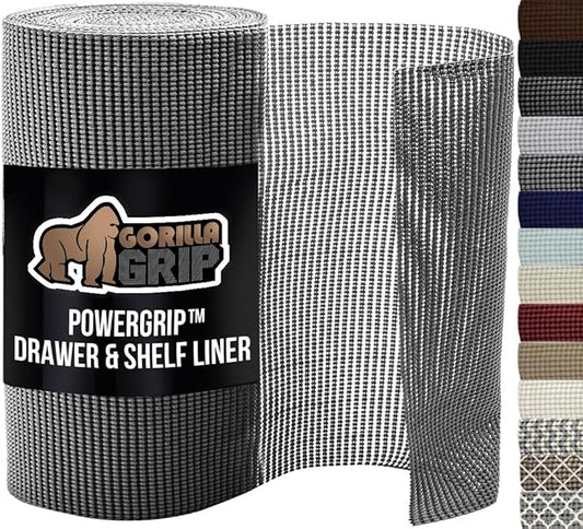 GORILLA GRIP powerGRIP Drawer Shelf and Cabinet Liner, Thick Strong Hold, Non-Adhesive Liners Protect Kitchen Cabinets and Cupboard, Bathroom Drawers, Easy Install, Breathable Mat, 17.5" x10', Gray