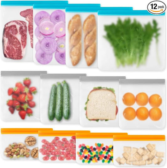12 Pack Reusable Freezer Bags Dishwasher Safe, Leakproof Food Storage Bags, Silicone Bags for Food Storage Home Organization (4 Reusable Snack Bags 4 Sandwich Bags 4 Gallon Freezer Bags)