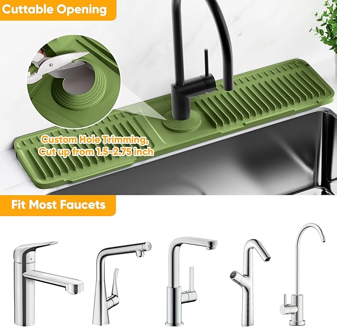 24'' Longer Faucet Mat for Kitchen Sink Splash Guard[7° Slope Fast Self-draining][Snap Lock Fit] Kitchen Sink Faucet Mat Splash Guard Kitchen Sink Area Water Splash Guard Behind Faucet Draining Mat