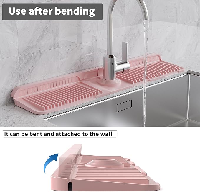 WAFT YEARN 24X5 Inch Silicone Durable Faucet Mat Kitchen Sink Splash Guard Draining Protector Tray Liner Absorbent Protective Counter Accessories For Sink Kitchen Bathroom Laundry Room Bar & RV Pink