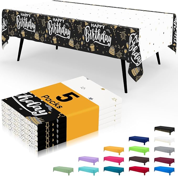 Smiry Plastic Table Cloth Disposable 5 Pack, 54 x 108 Inch Waterproof Rectangle Tablecloths for Birthday, Parties, Decorative Plastic Table Cover, Leakproof & Sturdy, Black & White