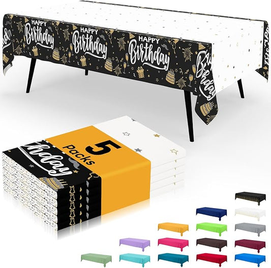 Smiry Plastic Table Cloth Disposable 5 Pack, 54 x 108 Inch Waterproof Rectangle Tablecloths for Birthday, Parties, Decorative Plastic Table Cover, Leakproof & Sturdy, Black & White