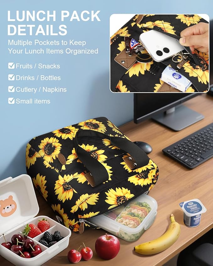 Insulated Lunch Box for Kids School - Large Thermal Lunch Bag Women with Removable Shoulder Strap, Reusable Lunch Cooler Tote Bags Purse for Adults Work, Picnic, Hiking, Beach, Travel, LargeSunflower