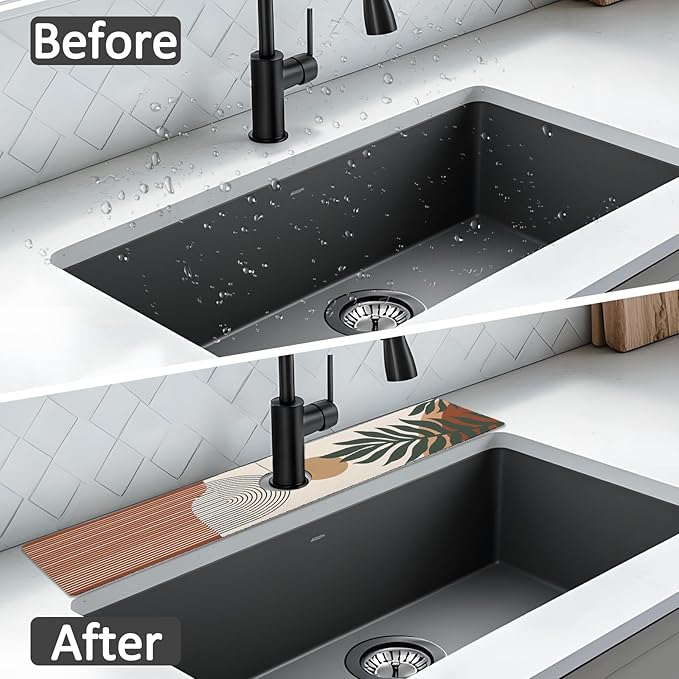 24" X 5.5" Kitchen Sink Splash Guard Faucet Mat Boho Super Absorbent Fast Drying Faucet Guard & Draining Mat Sink Splash Guard Behind Faucet for Kitchen, Bathroom
