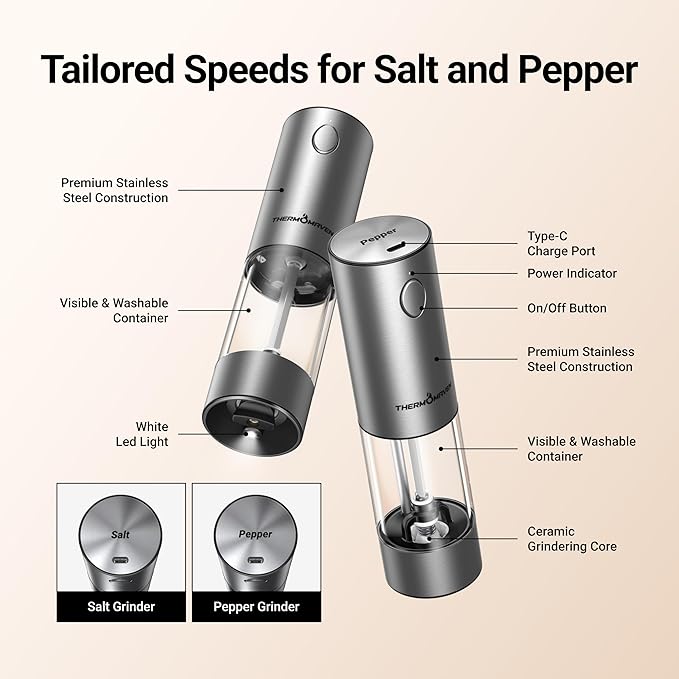 ThermoMaven Electric Salt and Pepper Grinder Set, 110ml Larger Rechargeable Automatic Salt and Pepper Mill Grinder with 6 Adjustable Coarseness, Electric Salt and Pepper Shakers, LED, 2 Packs, Red
