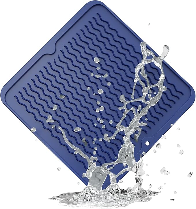 ZLR Silicone Dish Drying Mat 12" x 12" Square - Small Heat Resistant Trivet & Countertop Protector for Air Fryer, Coffee Maker - Waterproof Kitchen Drain Pad for Cups, Fruit (Midnight Blue)