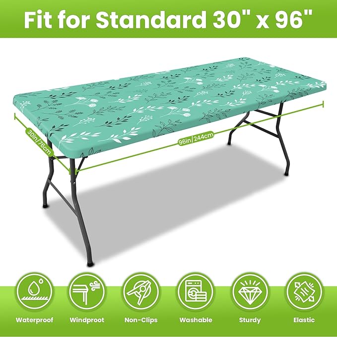 Smiry Spandex Fitted Tablecloth for 8 Foot Rectangle Tables, Washable Picnic Table Cover with Elastic, Stretch Reusable Table Cloth for Outdoor, Camping, Dining & Kitchen (Sage Green Leaf, 30"x96")