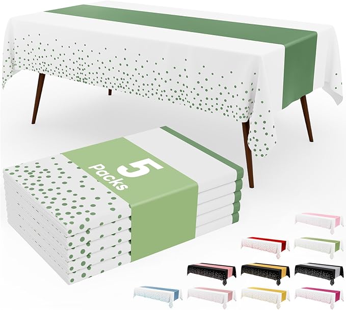 Smiry Plastic Table Cloth Disposable 5 Pack, 54 x 108 Inch Rectangle Waterproof Tablecloth, Printed Gold Table Runner Style for Birthday Weeding, Party, Leakproof & Sturdy, White and Sage Green