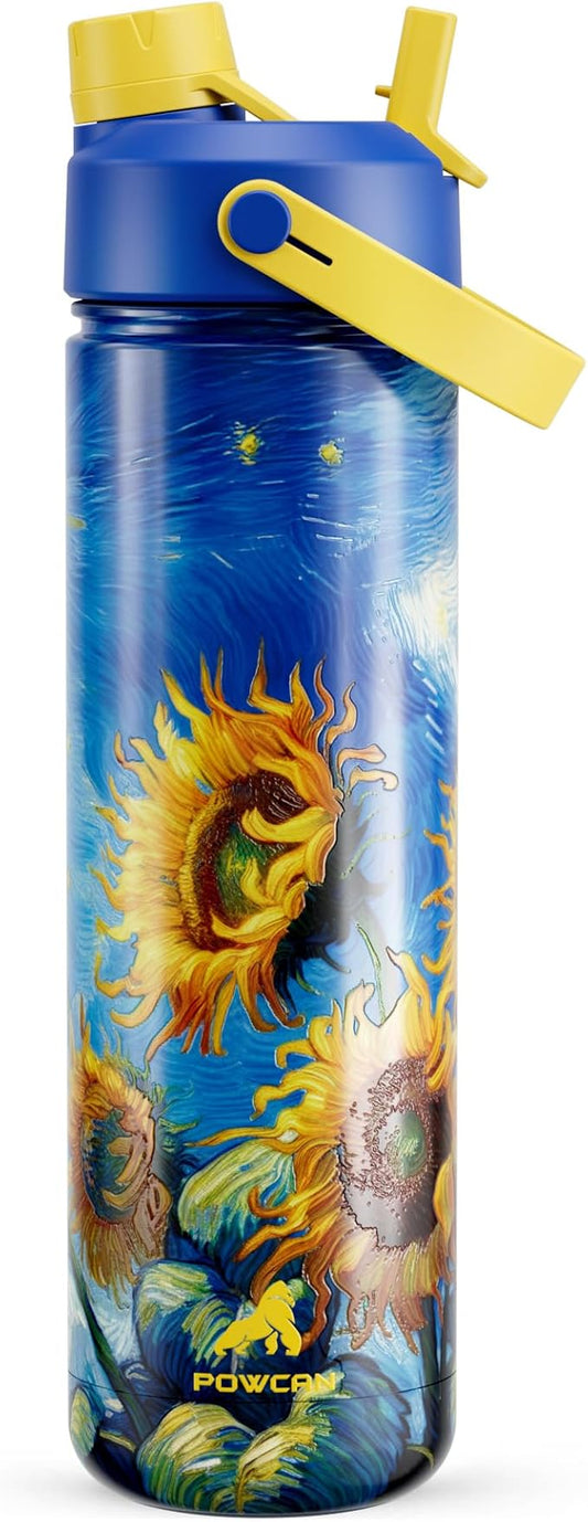 POWCAN 26 oz Insulated Water Bottle with 2-in-1 Straw and Spout Lid, Keep Cold 24H, Leak-Proof, Fits in Car Cup Holder, Stainless Steel Water Bottle for Gift, Art Studio & Daily (Sunward Glow)