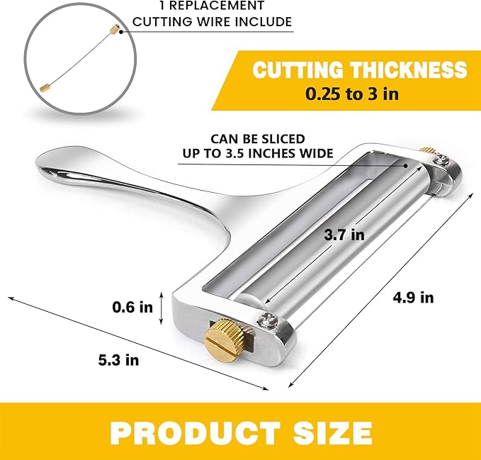 TOPULORS Wire Cheese Slicer Stainless Steel Handheld Cheese Cutter for Mozzarella, Cheddar, Gruyere - with 1 Extra Wire - Adjustable Thickness Cheese Shaver Cheese Slicers for Block Cheese (Silver)