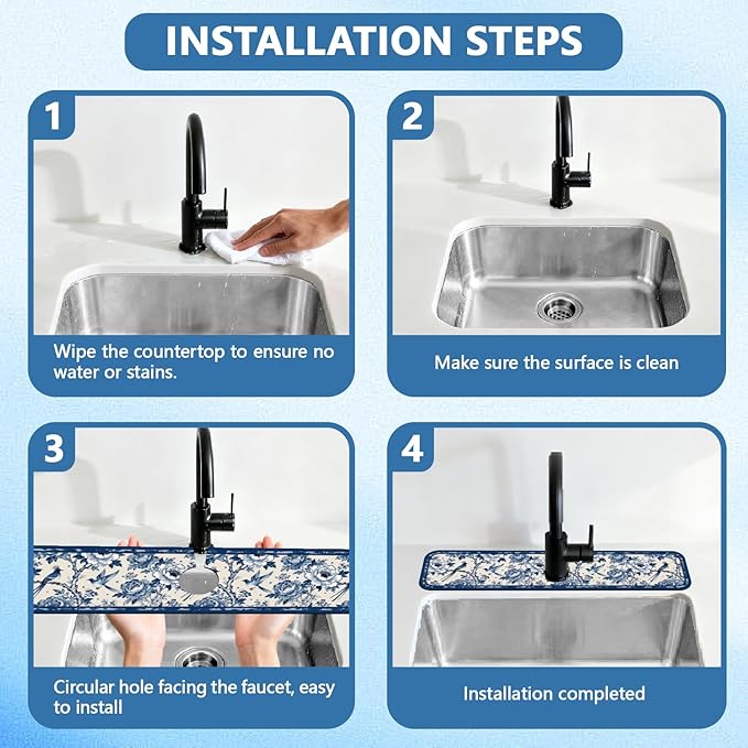 2 Pcs Kitchen Sink Splash Guard Faucet Mats Vintage Porcelain Flowers and Birds Pattern Faucet Mat for Sinks Absorbing Drying Mat for Kitchen Bathroom, 23.6x5.5inch
