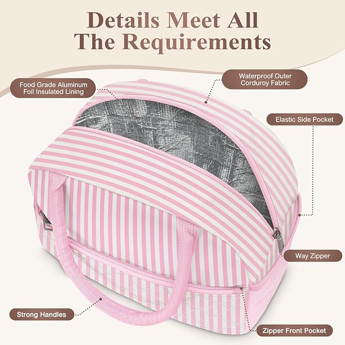 KUBYA Lunch Box for Women Adult Men, Cute Insulated Lunch Bag Women Quilted Reusable Large Lunch Boxes Tote Bag Leakproof Simple Thermal Cooler Bag for Work Office Picnic