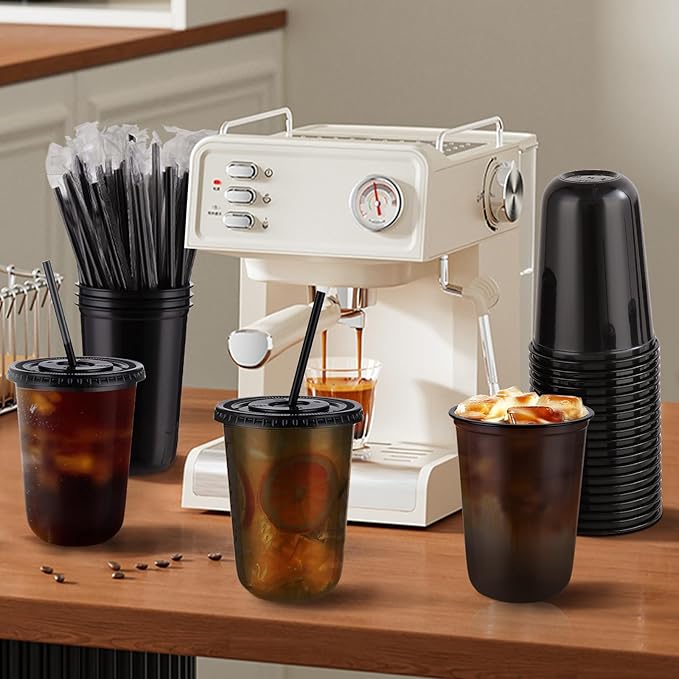 tchrules 100 Set 16oz Plastic Cups with Lids and Straws, Disposable Black Clear Iced Coffee Cup with Lid, Round Bottom Plastic To Go Cups for Cold Drinks Slushie Smoothie Soda Bar Party Shop Supplies