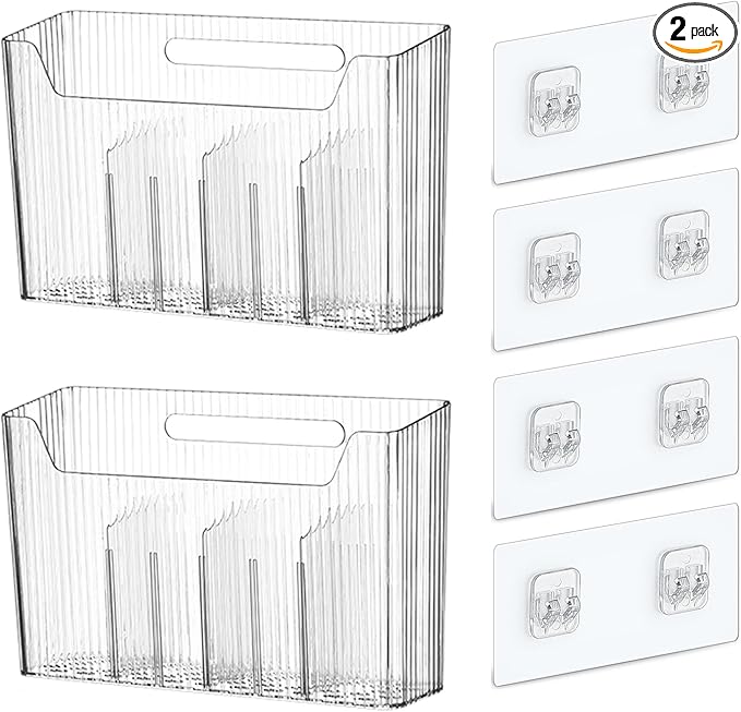 2 Pack Adhesive Mount Cabinet Door Organizer, Wall Mounted Bathroom Organizers and Storage Bins Plastic Stackable Shower Caddy Hanging Floating Shelves for Narrow Space, BPA Free (Clear)