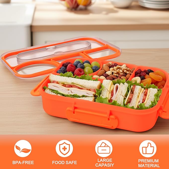 Bento Box for Adults,4 Compartments Lunch Box, Snack Containers Reusable Lunch Containers Drop-Proof, Dishwasher Safe & Made with BPA-Free Materials, Orange