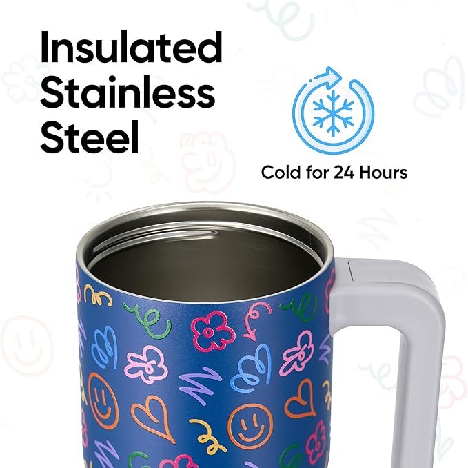 Fijinhom 25 oz Insulated Tumbler with Handle, Stainless Steel Insulated Water Bottle Coffee Mug with Straw, Coffee Cups, Cute Water Bottle for Sports, Travel, Lunch, Doodle Joy