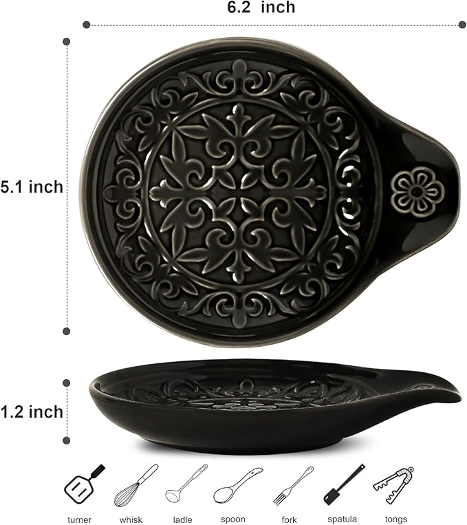 Farmhouse Ceramic Spoon Rests Holder for Kitchen Counter Stove Top (Black-A4)