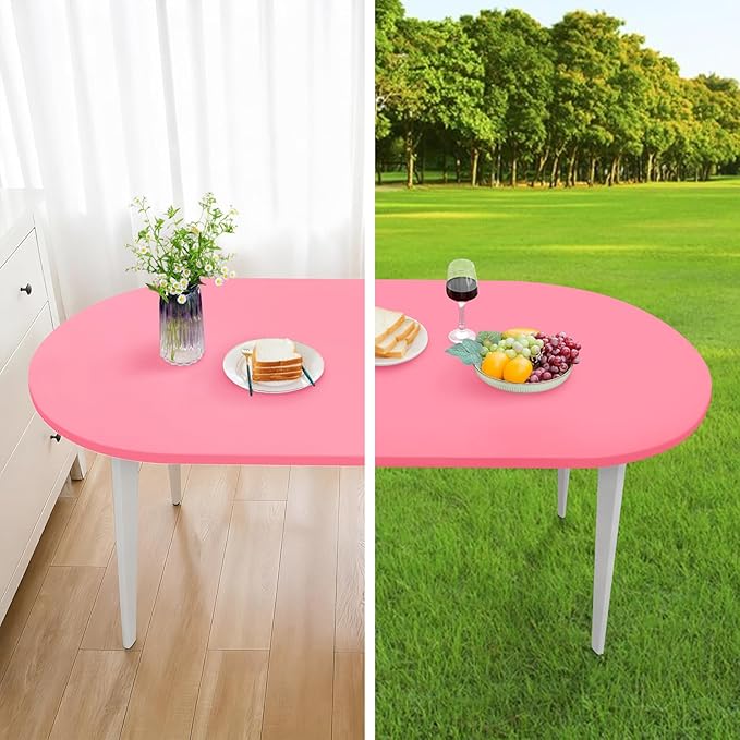 NEWISHER Fitted Oval Tablecloth 42 x 60 Inch Elastic Table Cloth, Stretch Spandex Table Cover Pink Washable Polyester Top Cap Cover for Dining Picnic Camping Indoor and Outdoor