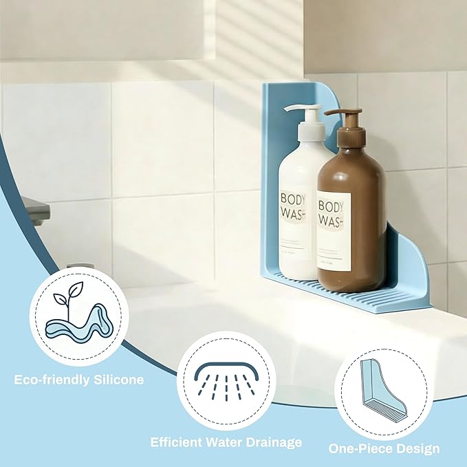 No-Adhesive 2-Pack All-Silicone Shower Splash Guard with Strong Suction Cups, Reusable One-Piece Bath Tub Corner Water Blocker for Secure Seal&Easy Removal，Keep Water in Shower or Bath, Baby Blue