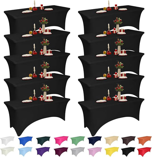 10 Pack 4 Feet Black Spandex Tablecloth for Rectangular Tables, Fitted & Stretch, Washable, Wrinkle Resistant, Perfect for Event, Wedding, Party, Banquet, Cocktail, Festival, and Table Protector