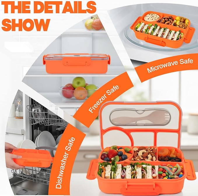Bento Box for Adults,4 Compartments Lunch Box, Snack Containers Reusable Lunch Containers Drop-Proof, Dishwasher Safe & Made with BPA-Free Materials, Orange