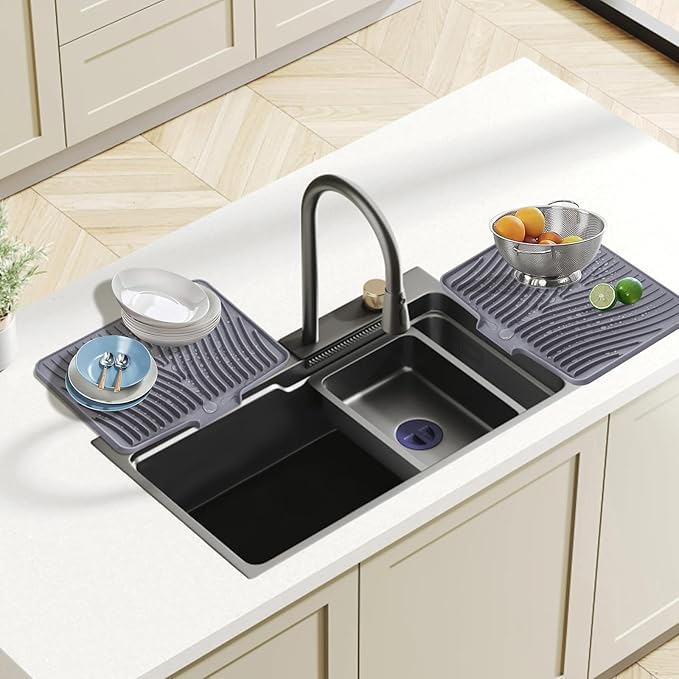 Silicone Dish Drying Mat, Stone Drying Mat for Kitchen Counter with Built-In Drain, Non-Slip Drain Pad with Built-in Drain, Heat Resistant Stone Drying Mat, Hangable, Grey-2pcs, 16" x 12"
