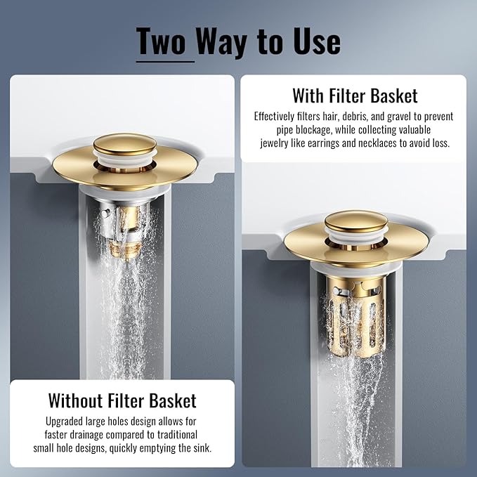 (2 Pc) Bathroom Sink Stopper-All Metal Sink Stopper-Universal Fit 99% Bathroom Stopper with Removable Stainless Steel Hair Catcher- Basin (1.1'' to 2.36'' inch) - Golden