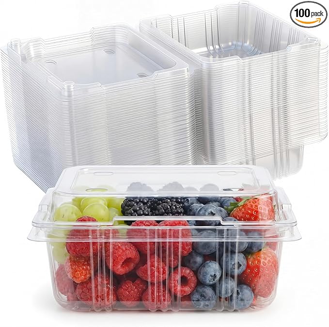 Threehoney 100 Pack Clear Plastic Vented Berry Containers with Clamshell Lids, 1/2 Pint Berry Baskets for Strawberry, Disposable Food Storage for Farmers Market Fridge Picnic (5.3×4.7×2.4 Inch)