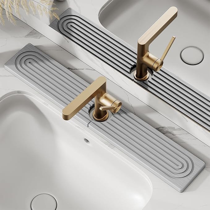 Stone Faucet Mat for Kitchen Sink, Diatomite Drying Stone Tray & Sink Protector, Water-Absorbing Splash Guard, Prevent Moisture on Kitchen & Bathroom Counter (Light Grey,23.6" x 3.9")