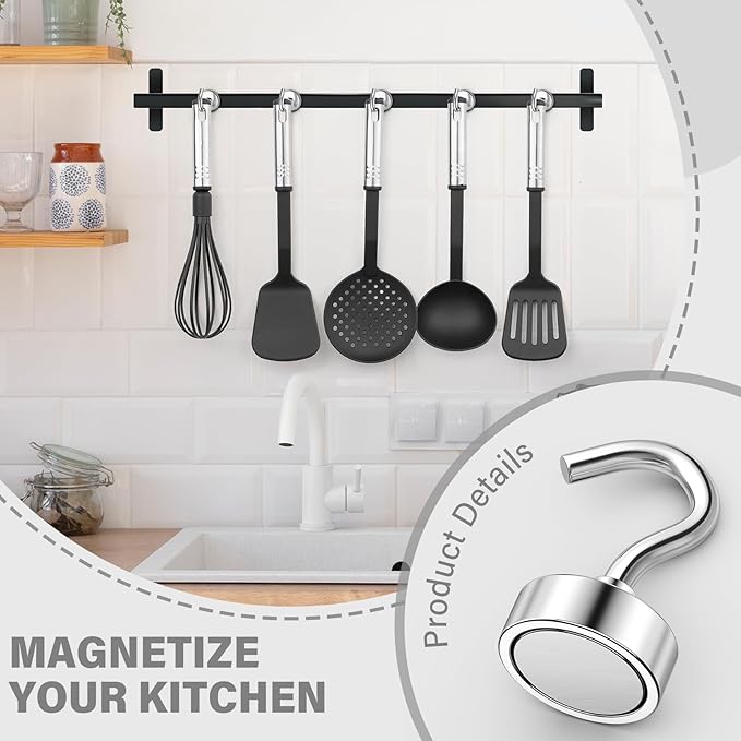 100Pack Heavy Duty Magnetic Hooks, 30 lbs Strong Neodymium Magnet Hooks for Hanging Mugs, Magnetic Key Holder for Fridge, Magnet with Hook for Cruise, Grill, Fridge - Silver
