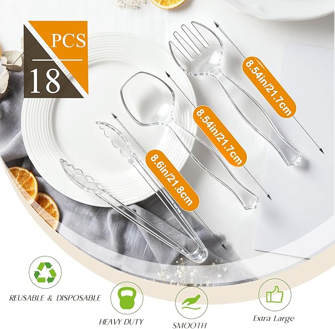 Mwellewm 18Pcs Serving Utensils, 8.5'' Plastic Serving Utensils Set, Disposable Serving Spoons for Buffet, Large Serving Tongs for Food Heavy Duty Party Supplies for Salad Soup Cooking Catering(Clear)