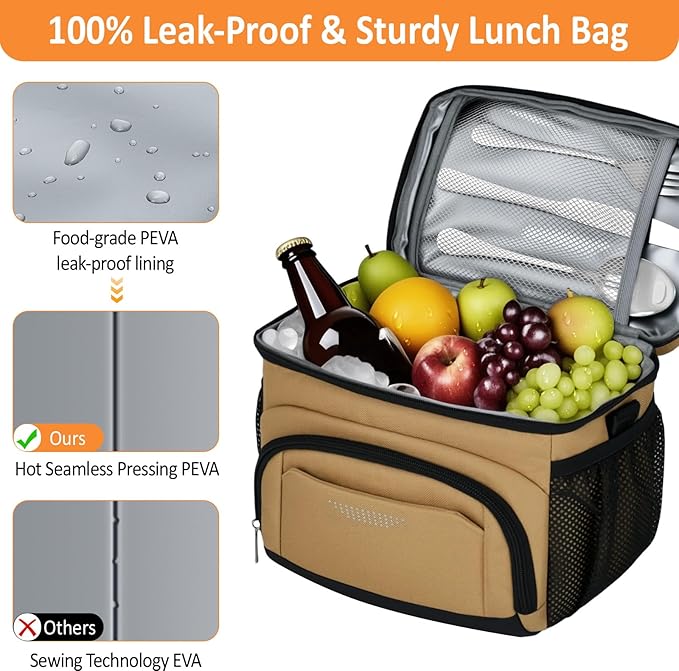 Vankor Insulated Lunch Bag for Men Women, Reusable Lunch Box Leakproof Cooler Lunch Tote Bag with Adjustable Shoulder Strap for Work Office Picnic Beach Travel, Khaki