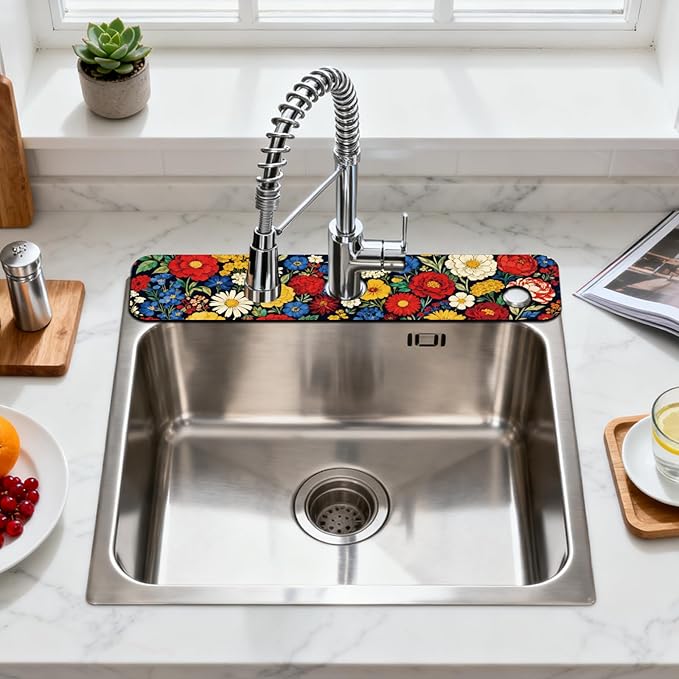 2 Pcs Kitchen Sink Splash Guard Faucet Mats Vintage Colored Flowers Pattern Faucet Mat for Sinks Absorbing Drying Mat for Kitchen Bathroom, 23.6x5.5inch