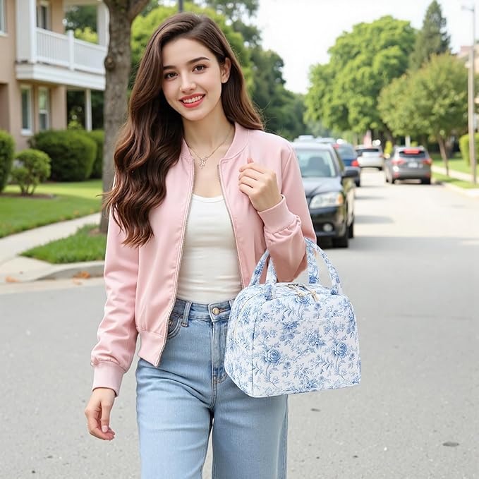 Bluboon Lunch Box for Women Men Cute Lunch Bag Reusable Insulated Lunch Bags Large Capacity Lunchbox Cooler for Work Picnic or Travel Gifts for Women (Blue Foral)