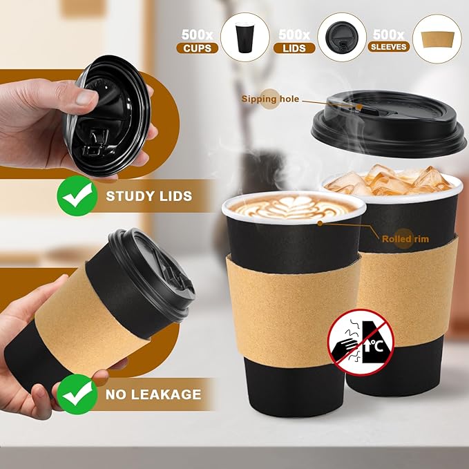 Lamosi 500 Pack 16 oz Disposable Coffee Cups with Lids and Sleeves, Black Leak-Proof To Go Coffee Cups with Lids, Hot/Cold Beverage Black Drinking Cup for Home, Office, Parties, Travel