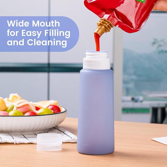 MICEBAY Condiment Squeeze Bottles for Sauces, 6-oz Small Silicone Salad Dressing Container to Go with Snack Storage Bag, Leakproof Sauce Bottles for Lunch Box, 4 Pack, Blue