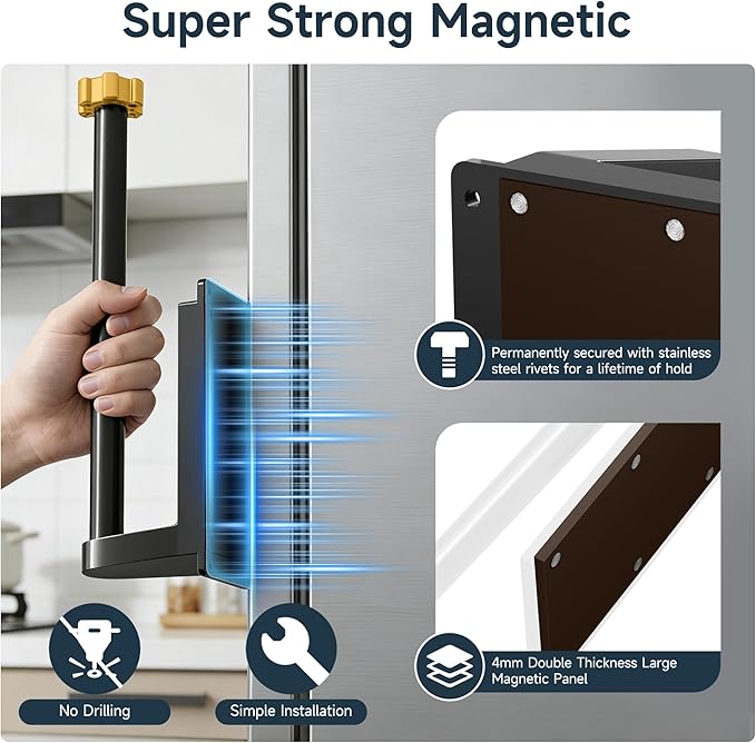 Magnetic Paper Towel Holder for Fridge Strong Magnet Black Kitchen Towel Holders Storage Organizer with Gold Nut for Refrigerator Grill Toolbox