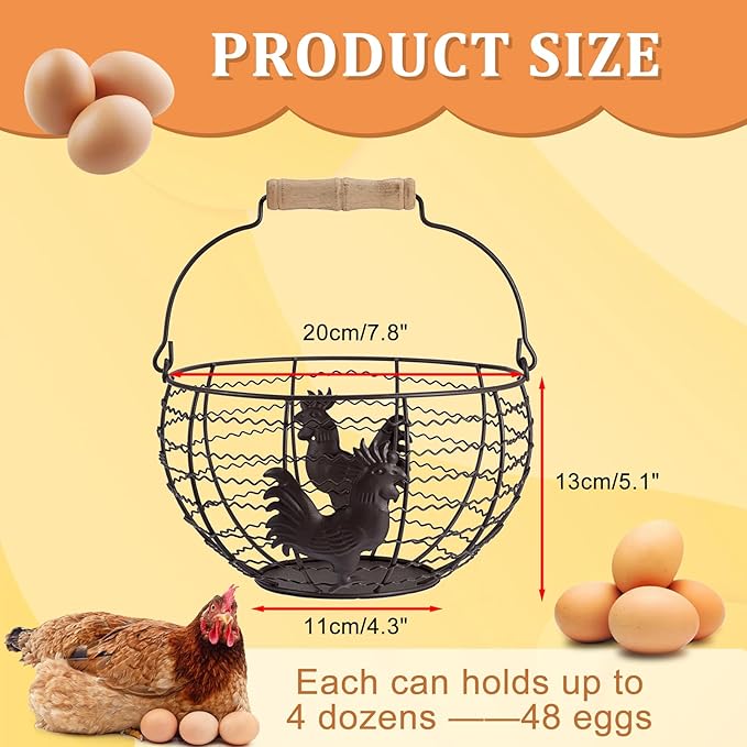 Farmhouse Egg 8'' Basket for Gathering Fresh Eggs, Rustic Metal Wire Chicken Eggs Holder Basket for Countertop Kitchen, Wire Egg Basket Vintage Style, Round, Rooster Pattern, Solid Bottom
