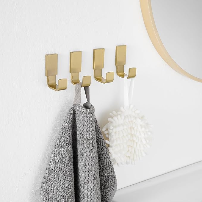 BESy Brass Clothes Hook Single Towel Hook for Bathroom Kitchen Garage Square Style Robe Hooks Coat and Hat Hook, Wall Mounted with Screws, Four Packs, Brushed Gold