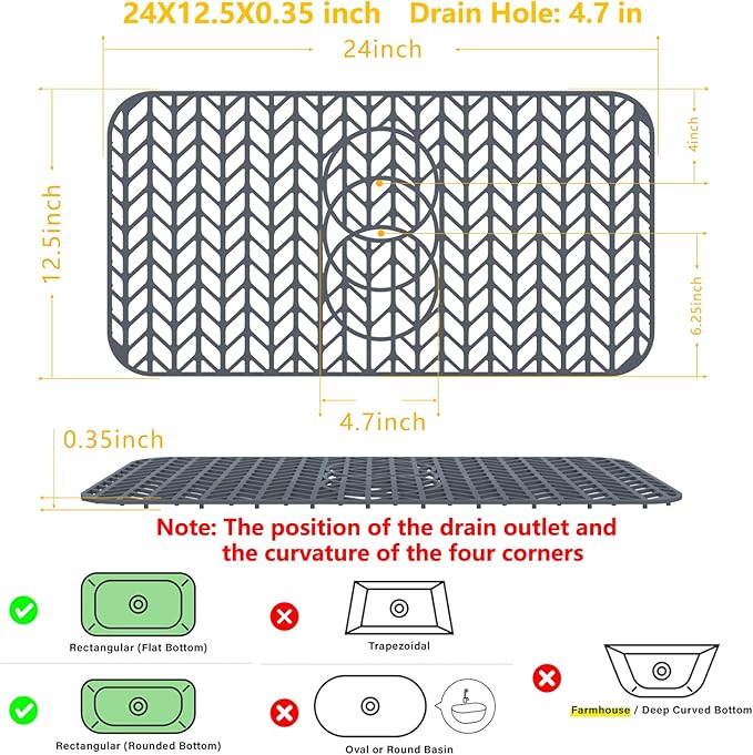 Sink Protectors for Kitchen Sink 12"13"16"18"19"24"26"28"29"30",Silicone kitchen sink mats protector for bottom of farmhouse sink(24"x12.5"Gray)