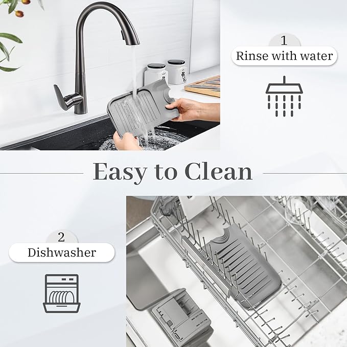 PoYang 17.7 Inch Faucet Mat for Kitchen Sink Splash Guard Behind Faucet, Sink Protectors for Kitchen Sink Faucet Mat Splash Guard for Kitchen Sink Area, Long Silicone Faucet Guard & Draining Mat, Grey
