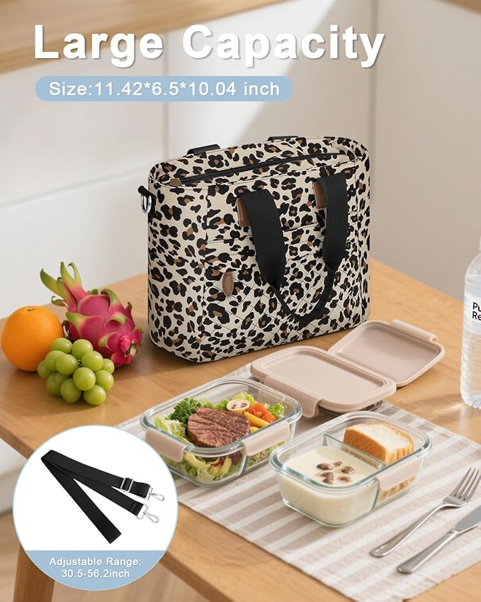 Insulated Lunch Box for Women & Men - Large Thermal Lunch Bag Women with Removable Shoulder Strap, Reusable Lunch Cooler Tote Bags Purse for Adults Work, Picnic, Hiking, Beach, Travel, Medium，Leopard
