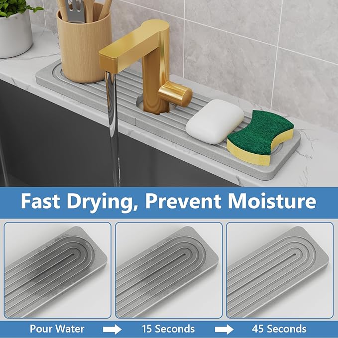 Stone Quick Dry Faucet Mat for Kitchen Sink [Diatomite Super Fast Drying] Stone Faucet Mat for Kitchen Sink Splash Guard Sinks Stones Quick Dry around Faucets Stones Drying Bathroom