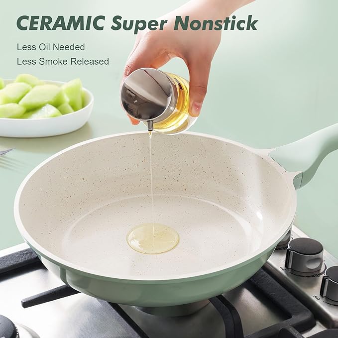 SENSARTE Nonstick Ceramic Frying Pan with Lid 12.5 Inch Cooking Pan Skillet, Free of Intentionally Added PFAS/PTFE Non-toxic Chef's Pan Induction Compatible Pan, Heat Resistant Handle, Mint Green