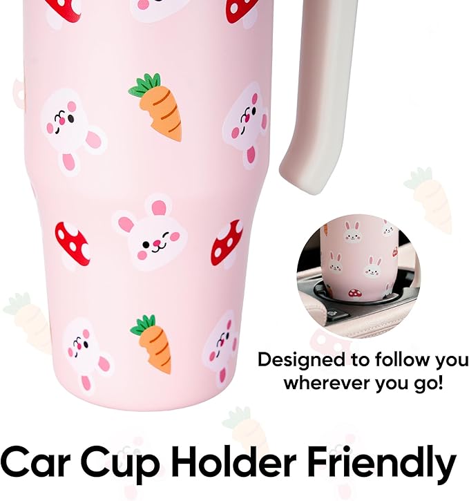 Fijinhom 25 oz Insulated Tumbler with Handle, Stainless Steel Insulated Water Bottle Coffee Mug with Straw, Coffee Cups, Cute Water Bottle for Sports, Travel, Lunch, Pink Bunny