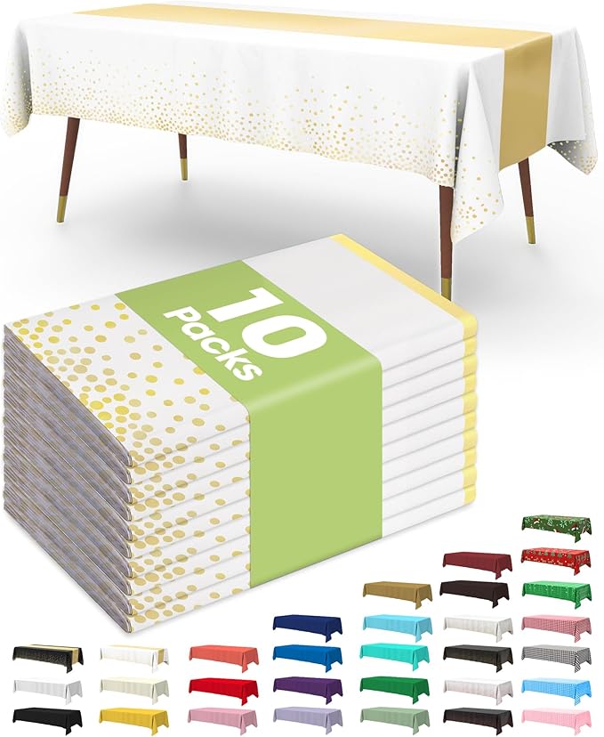 Pureegg Plastic Table Cloth Disposable 10 Pack, 54 x 108 Inch, Table Runner Style, Graduation Decorations 2026, Party Tablecloths, Rectangle, Plastic Cover, Leakproof & Sturdy, White Gold