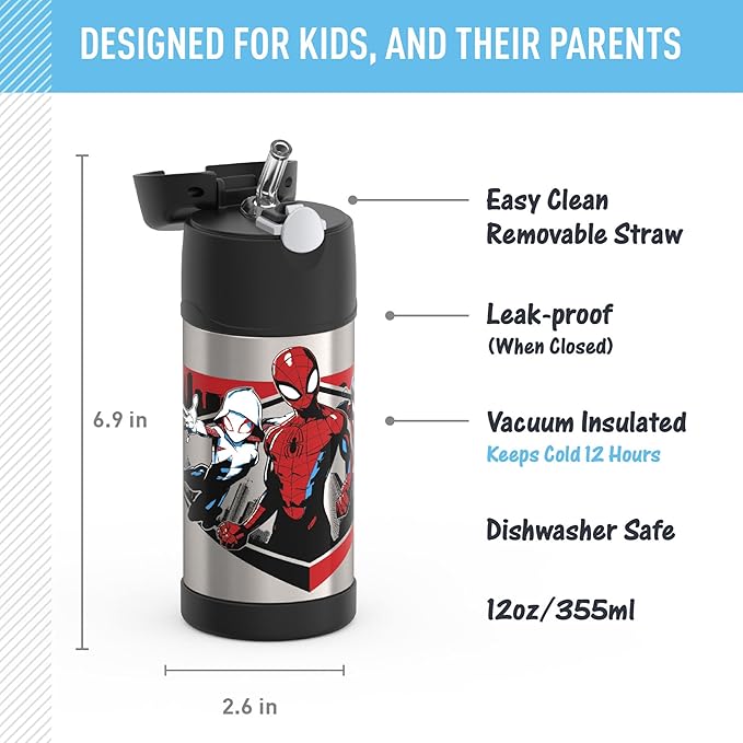 THERMOS FUNTAINER Water Bottle with Straw - 12 Ounce - Kids Stainless Steel Vacuum Insulated Water Bottle with Lid, Spiderman