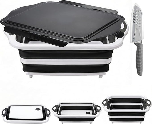 Collapsible BBQ Prep Tub with Lid, Foldable Camping Sink with Colander, Cutting Board, Dish Basin for Kitchen, Bowl, Vegetable and Fruit, Storage Basket for Picnic-Black
